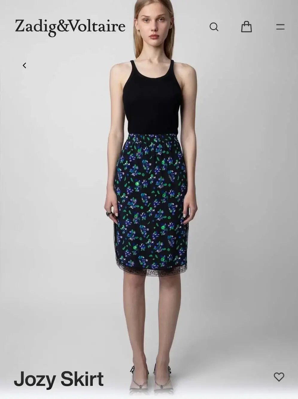 Zadig & Voltaire Jozy Floral Print Silk Skirt with Lace Trim size 42  L /XL new!